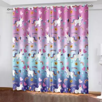 Милый мультфильм единорог радуга девочка дети ребенок бесплатная доставка 2 шт тонкая затемняющая занавеска для окна для гостиной спальня декор 98W202H CM&Rod Pocket