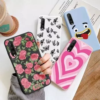 Милый мультфильм Huawei Y8p Пара Модный синий цветочный столик ТПУ Мягкая основа для Huawei Y8p Розовый узор Большая защита сердца Противоударные защитные оболочки Huawei Y8p