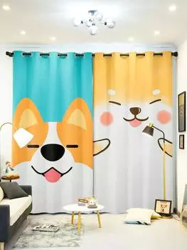Милый мультфильм Шиба-ину, эркерные шторы от пола до потолка для детской спальни, высокие затемняющие шторы, крючок для пробивки W55 X H120cm X 2&HOOK