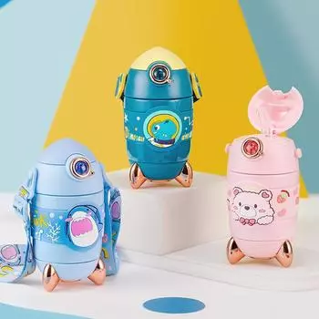 Милый мультяшный 3D-моделирующий термос-ракета с трубочкой из нержавеющей стали 316, переносной детский маленький чайник на веревке 300 мл 201-300ml