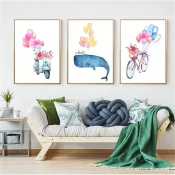 Милый мультяшный акварельный велосипедный воздушный шар с изображением Кита, холст для детской комнаты, декоративная подвесная картина Kawaii, декор для детского сада 21*30cm