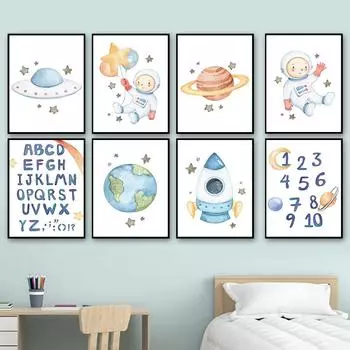 Милый мультяшный астронавт, ракета, земля, космический корабль, настенная живопись на холсте, постеры на скандинавскую тему и принты, настенные панно, декор для детской комнаты 21cm30cm NoFrame