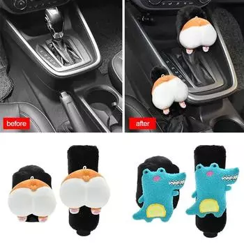 Милый мультяшный автомобильный чехол для рычага переключения передач, мягкий плюшевый чехол для автоматического рычага переключения передач, чехол для ручного тормоза, ремень безопасности, чехол для зеркала заднего вида, автомобильные аксессуары