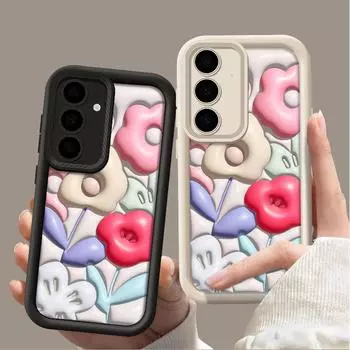 Милый мультяшный цветочный принт Мягкий TPU противоударный чехол для Samsung S24 FE S23 S22 Ultra A55 A16 A35 A54 A34 A15 силиконовый матовый защитный чехол для объектива телефона Samsung S24 FE чёрный