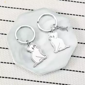 Милый мультяшный держатель для ключей с котом, гладкий брелок из нержавеющей стали с котом и рыбой, украшение для детского школьного ранца