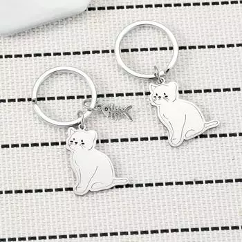 Милый мультяшный держатель для ключей с котом, гладкий брелок из нержавеющей стали с котом и рыбой, украшение для детского школьного ранца