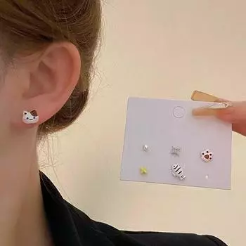 Милый мультяшный детский комплект с шестью кошками и рыбами, Джокер, темперамент, индивидуальные серьги, женские