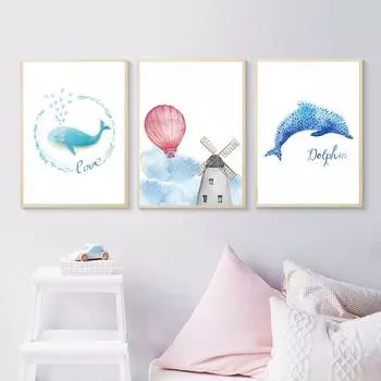 Милый мультяшный детский постер с дельфином, детский постер, холст, художественный принт, настенная живопись, скандинавская вертушка, украшение для детской комнаты, изображение 21cm30cm NoFrame
