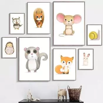 Милый мультяшный детский постер с детскими животными, белка, улитка, детский постер, холст, художественный принт, настенная живопись, скандинавские детские украшения для детской комнаты, фотографии 21cm30cm NoFrame