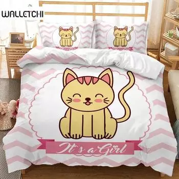 Милый мультяшный комплект постельного белья для малышей с изображением животных в розовом цвете, 3D-принт с забавным котом, пододеяльник Twin Queen Size для подростков, детей, девочек, декор для спальни 135x200cm 2pcs