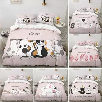 Милый мультяшный комплект постельного белья для малышей с изображением животных в розовом цвете, 3D-принт с забавным котом, пододеяльник Twin Queen Size для подростков, детей, девочек, декор для спальни 70x133cm 2pcs