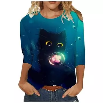 Милый мультяшный кот цифровой 3D печатный женский футболка повседневный весна осень длинный рукав O-образный вырез женская одежда эластичный длинный ши 6XL