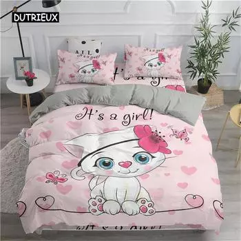 Милый мультяшный кот, пододеяльник, комплект постельного белья, мультяшный кот, домашнее животное, королева, король, комплект постельного белья для детей, подростков, спальни, украшения дома US Queen(228x228cm)