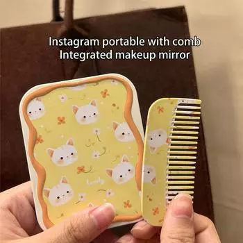 Милый мультяшный кот складное зеркало раскладушка зеркало для макияжа с расческой портативное креативное ручное зеркало для женщин и девочек