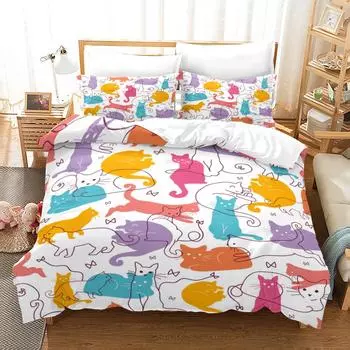 Милый мультяшный кот животное 3D комплект постельного белья пододеяльник наволочки одеяло льняное одеяло покрывало декор комнаты двуспальная кровать размера «king-size» Eu Single135x200cm