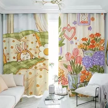 Милый мультяшный кролик, занавеска с высокой степенью затемнения, занавеска с цветами для девочек, общежития, детской комнаты, спальни, изоляция, плотная затемняющая штора W55 X H120cm X 2&HOOK