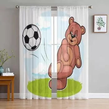 Милый мультяшный медведь и футбольный мяч, прозрачные шторы для спальни, гостиной, тюлевые шторы для кухни, оконные вуали, шторы 135W x 114H(cm)