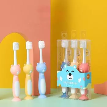 Милый мультяшный медведь может стоять на присоске, зубная щетка с мягкой щетиной, 3 комплекта для детской зубной щетки 3-6 лет, с мягкой щетиной