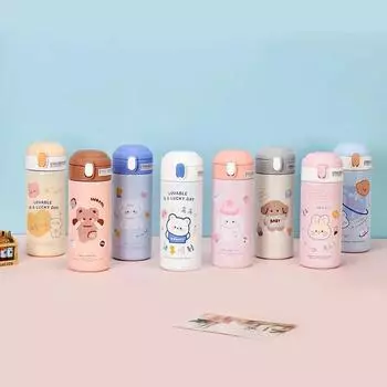 Милый мультяшный медведь, соломенная кружка, бутылки из нержавеющей стали для воды, термос для кофе, чая, молока, термос для детей, подарки, портативная посуда для питья 380ML