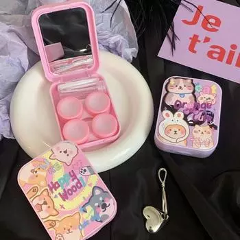 Милый мультяшный набор для контактных линз с изображением кошки и собаки, портативный футляр для контактных линз для девочек, контейнер для хранения красоты для зрачков, дорожный набор фиолетовый