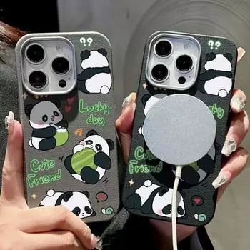 Милый мультяшный панда кожа текстура мягкий чехол для телефона из ТПУ для iPhone 16 15 Pro 14 Plus 13 12 Pro Max 11 для Magsafe магнитный ударопрочный тонкий чехол iPhone 16 чёрный