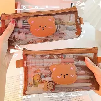 Милый мультяшный пенал с медведем, прозрачная сетчатая сумка для ручек, вместительный чехол для хранения канцелярских принадлежностей, офисные школьные принадлежности, подарки A3