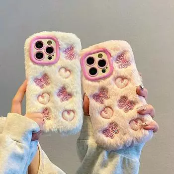 Милый мультяшный плюшевый чехол для телефона iPhone 16 Pro 15 Plus 14 13 12 Pro Max 11 складной держатель объектива мягкий защитный чехол iPhone 16 розовый