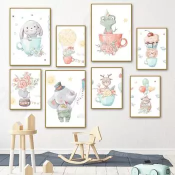 Милый мультяшный постеры с животными, кролик, слон, обезьяна, крокодил, торт, цветок, настенная живопись на холсте, настенные панно, декор для детской комнаты 21x30cm No Framed