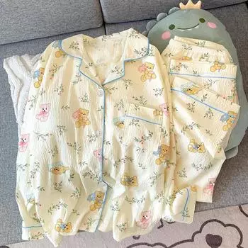 Милый мультяшный принт медведя Женская пижама Французская элегантная романтическая цветочная эстетика Домашняя одежда Весна Новая мода Lounges M бежевый