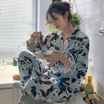 Милый мультяшный принт пижамный комплект с длинным рукавом пижамы женские пуговицы пижамы комплекты брюки домашняя одежда женские пижамы костюмы M