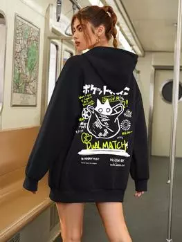 Милый мультяшный принт с кошкой, женская толстовка Harajuku, повседневная, свободная, с капюшоном, модная, мягкая, с карманами, толстовка с капюшоном, теплая, осенняя женская одежда S