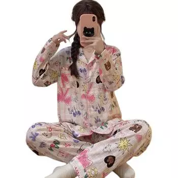 Милый мультяшный принт женская пижама модная милая ночная рубашка с длинным рукавом топ с эластичной резинкой на талии брюки пижамы M бежевый