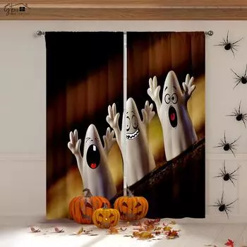 Милый мультяшный призрак, тыква, череп, украшение на Хэллоуин, занавески для детской комнаты, гостиной, камина, украшения на вечеринку W50xH130(CM)x2PCS&Grommet Top