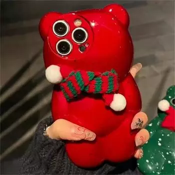 Милый мультяшный рождественский шарф 3D брызги чернил медведь телефон чехол для iPhone 16 15 14 13 12 11 Pro Max прекрасный подарок задняя крышка Funda iPhone 16 Pro Max