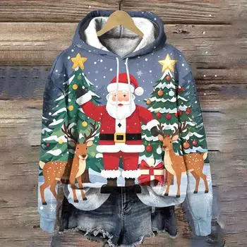 Милый мультяшный Санта-Клаус с принтом, модная рождественская женская одежда, топы, трендовые женские пуловеры с капюшоном 2024 года, новые женские свитшоты S