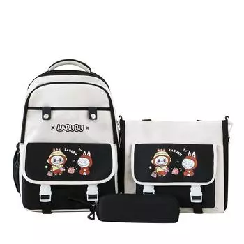 Милый мультяшный школьный рюкзак для учениц средней школы, новый рюкзак большой вместимости, легкий, универсальный рюкзак, сумка для репетиторства backpack + handbag + pencil case чёрный