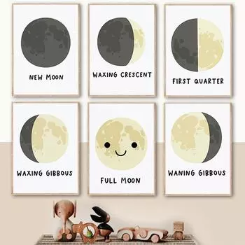 Милый мультяшный смайлик Луна, лунное затмение, цитаты, настенная живопись на холсте, постеры на скандинавскую тему и принты, настенные панно, декор для детской комнаты 21cm30cm NoFrame