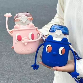 Милый мультяшный термос из нержавеющей стали с соломинкой для детей и девочек, портативный герметичный изолированный чайник с силиконовым рукавом 500ml