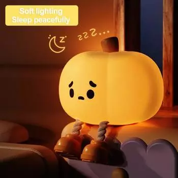 Милый мультяшный тыквенный ночник с таймером, яркостью, регулируемой защитой глаз, без мерцания, мягкий силиконовый светодиодный прикроватный светильник оранжевый