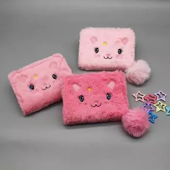 Милый мультяшный вышитый кот кошелек плюшевый PU кожаный кошелек для денег монет короткая сумка на молнии кошелек держатель для удостоверения личности кредитной карты розовый