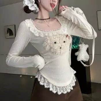 Милый мультяшный Y2k кружевной стежок пуловер женский 2000-е эстетика милый длинный рукав вязаный свитер осень зима кавайные укороченные футболки S белый