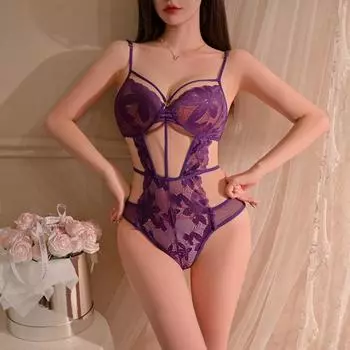 Милый наряд сексуальное нижнее белье сексуальный полый комбинезончик соблазнительный ремешок перспектива кружево бесплатно фиолетовая пижама большой размер one size fits all