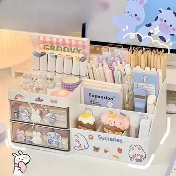 Милый настольный ящик для хранения вещей с прозрачной ручкой в виде кролика, держатель для ручек на столе, офисная стойка для хранения вещей, бытовая стойка для хранения вещей на столе rabbit handle drawer белый