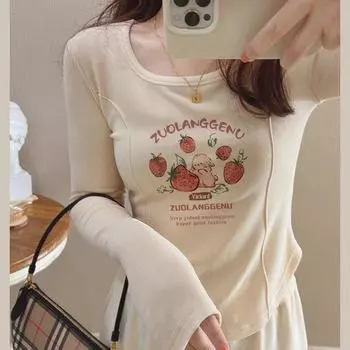 Милый осенне-зимний топ на плюшевой подкладке, милые укороченные топы с героями мультфильмов, женская модная флисовая футболка Y2k, рубашка с длинными рукавами S within 40kg абрикосовый