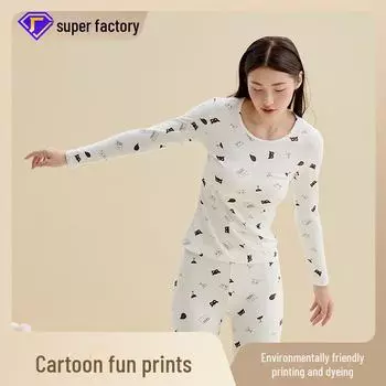 Милый осенний комплект тонкого термобелья для девочек — топ и штаны из чистого хлопка с принтом. M белый