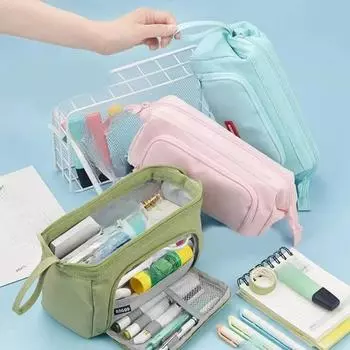 Милый пенал Angoo, специальный макаронный цвет с боковым окном, холст, большой пенал, коробка для ручек, сумка для хранения, школьные канцелярские принадлежности тёмно-синий