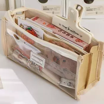 Милый пенал из ПВХ большой емкости, 10-слойный прочный и легко чистящийся карман на молнии бежевый