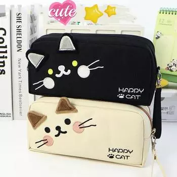 Милый пенал с котом для студентов, бежевый, черный цвет, мультяшный котенок, пенал, большая вместительная сумка для канцелярских принадлежностей, школьные принадлежности чёрный
