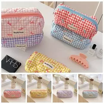 Милый пенал в клетку, простая косметичка, канцелярские принадлежности, сумка для хранения в клетку с бантом для детей красный
