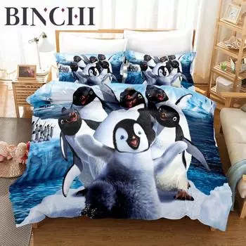 Милый пингвин принт комплекты постельного белья животное 3D пододеяльник роскошь без простыни королева король односпальная двуспальная кровать постельное белье для детей мальчик девочки EU single(135x200cm)